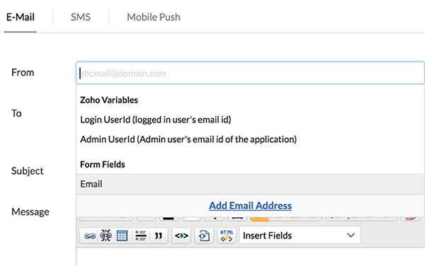 Send mail from verified email addressess | Help - Zoho Creator