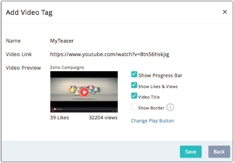 Create Video Merge Tags Online Help Zoho Campaigns - this is followed by a thumbnail image of video preview click save