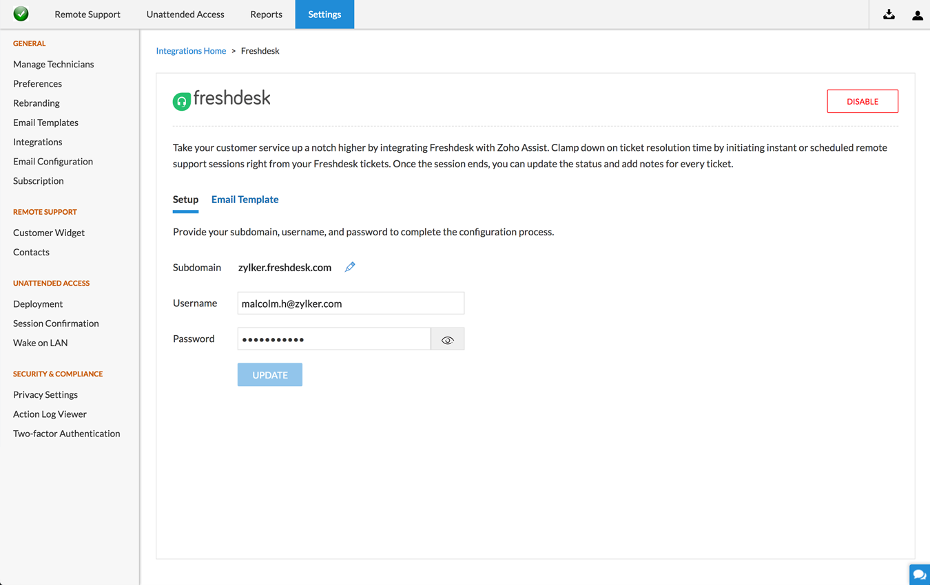 Remote Support From Freshdesk Tickets Zoho Assist - fill in your subdomain username and password to complete the configuration process