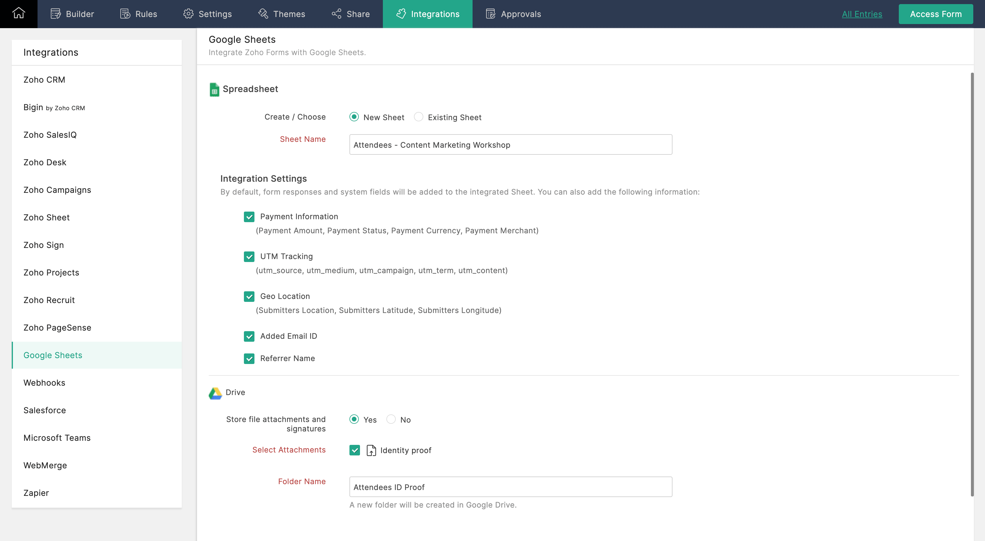 Google Sheets Integration setup