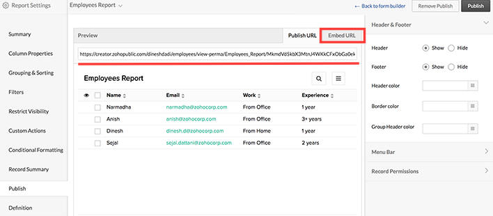 Publish And Embed Reports | Help - Zoho Creator