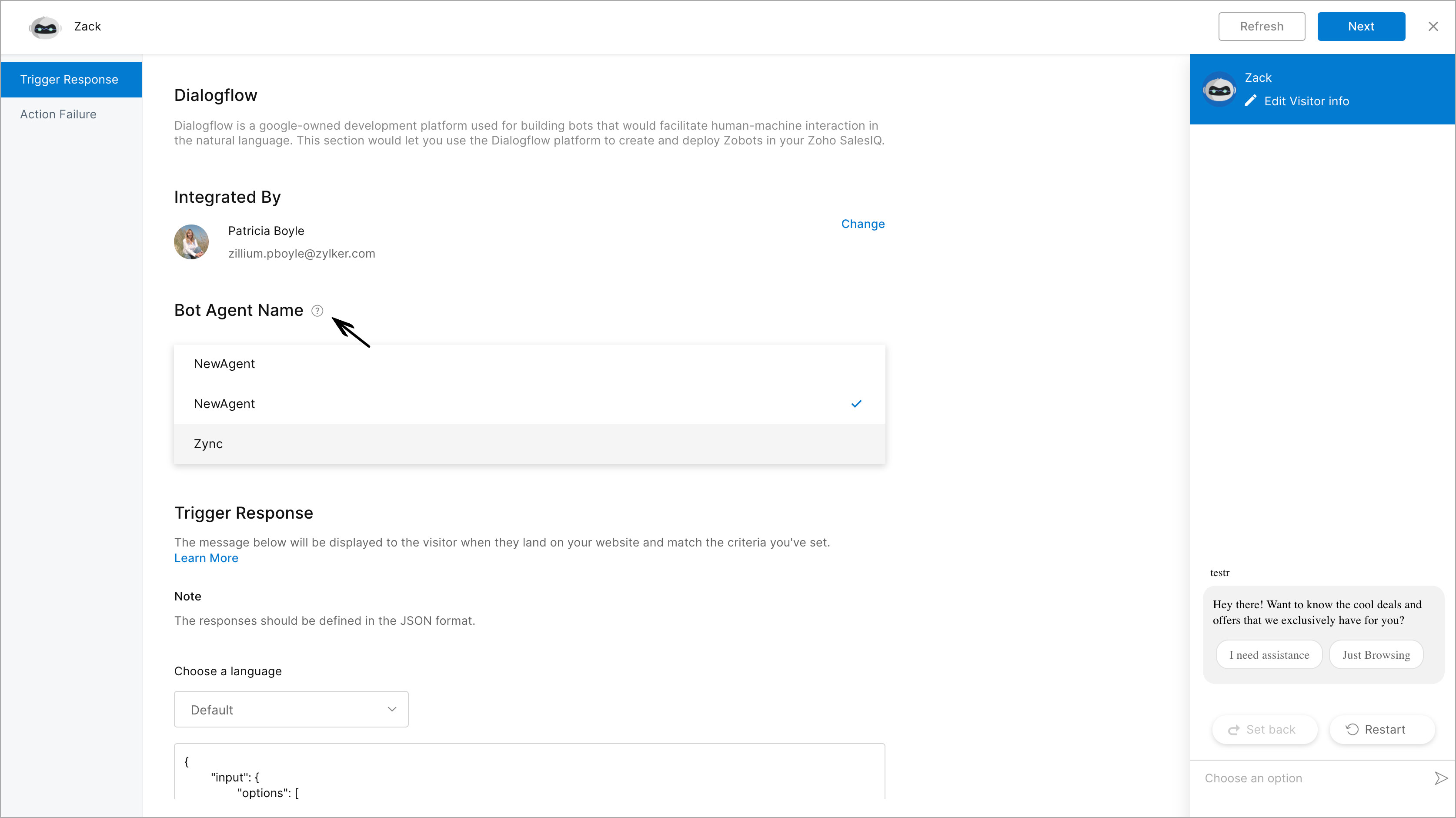 Basics of integrating Dialogflow with the Zobot