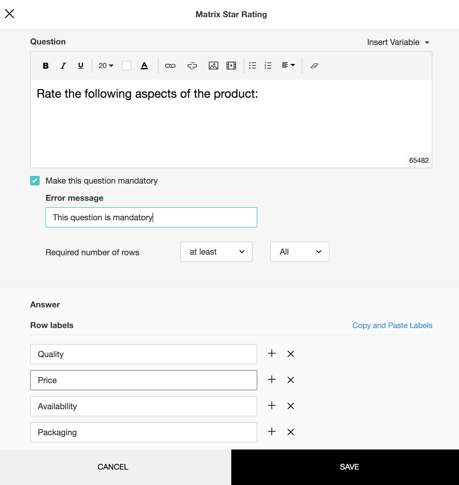 Matrix star rating question type sample