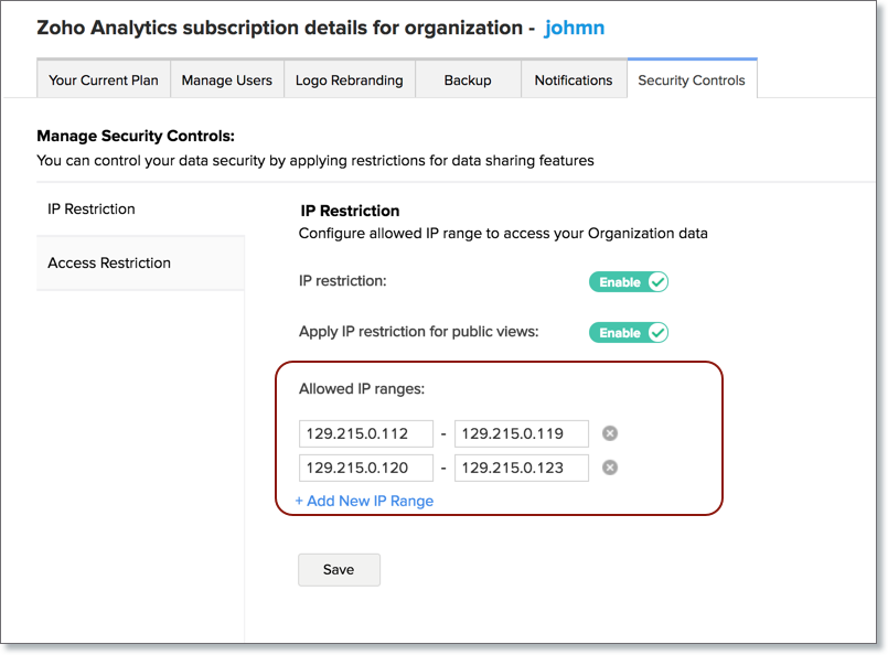 Security Controls L Zoho Analytics Help