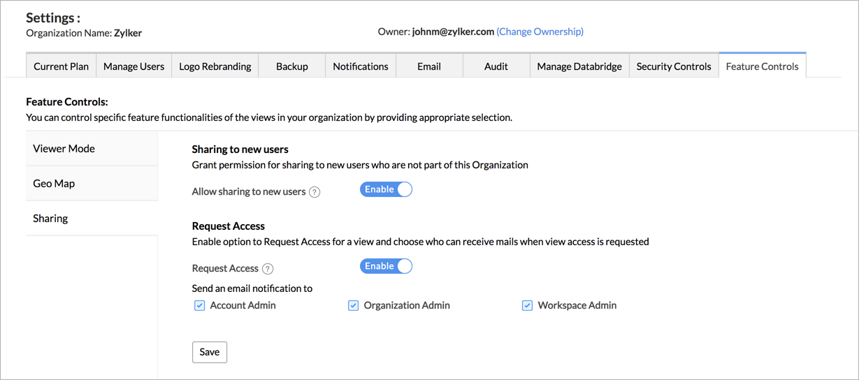 Feature Control l Zoho Analytics Help