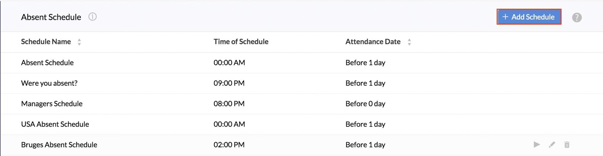 Absent Schedule Attendance Zoho People