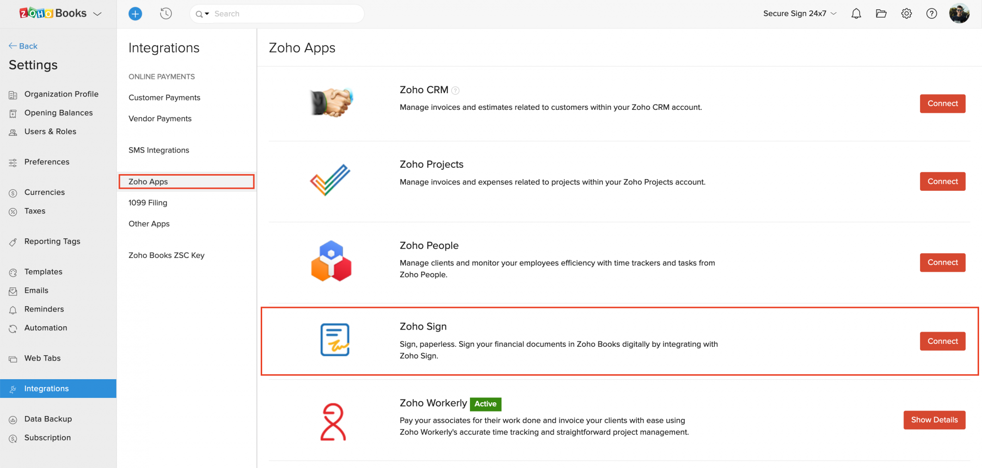 Zoho Sign integration for Zoho Books