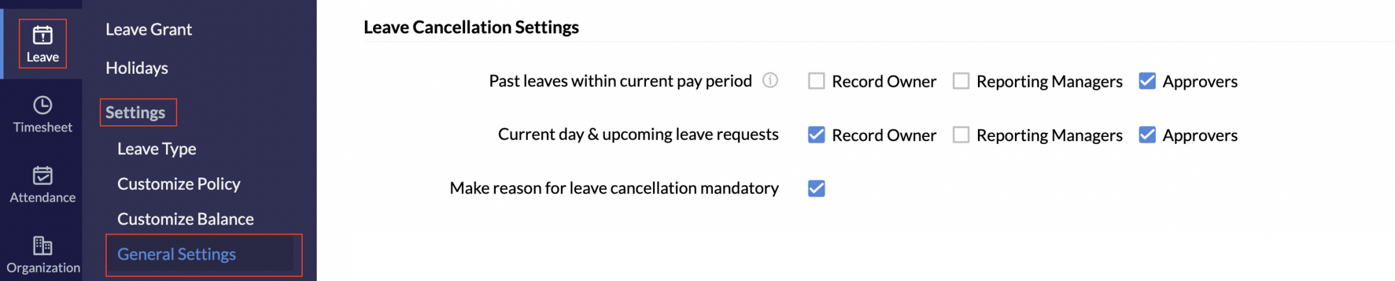 Settings|Leave|Zoho People