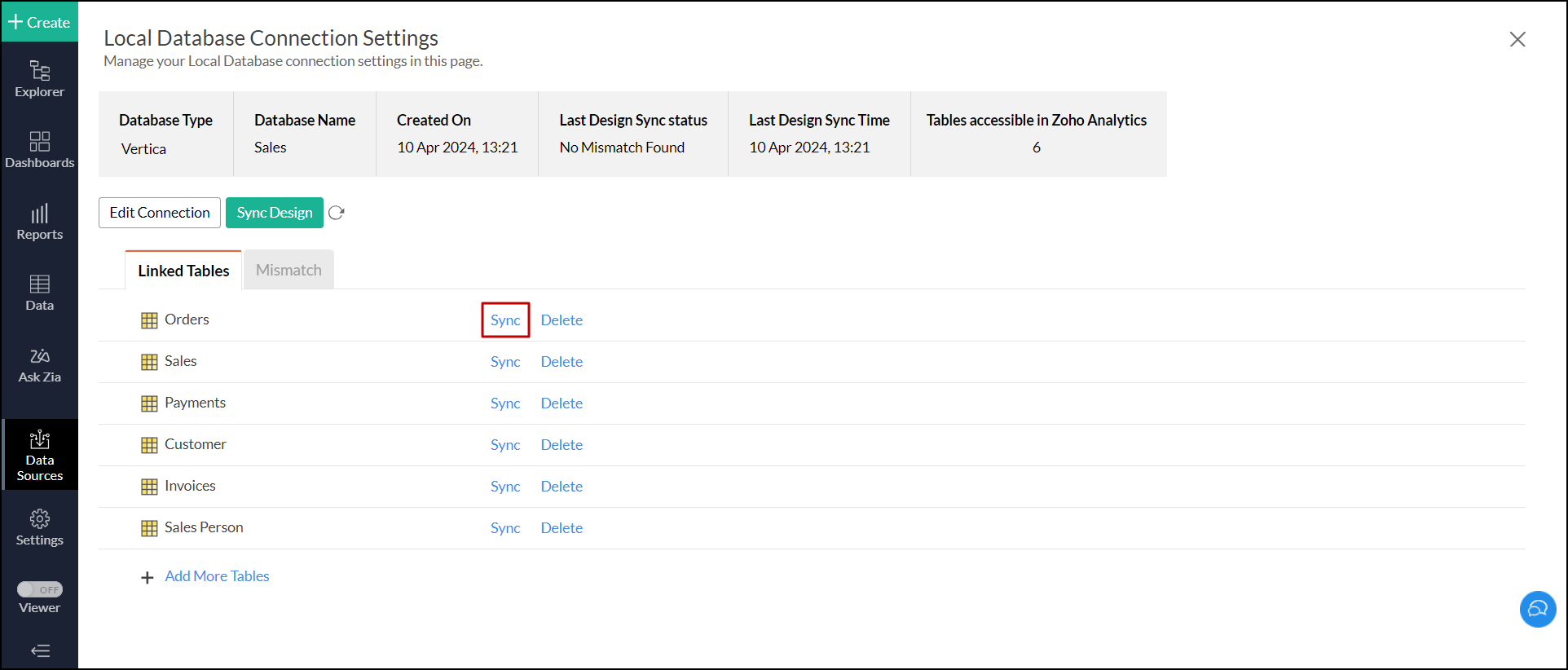 zoho-analytics-local-db-vertica-import-single-table-meta-data-sync