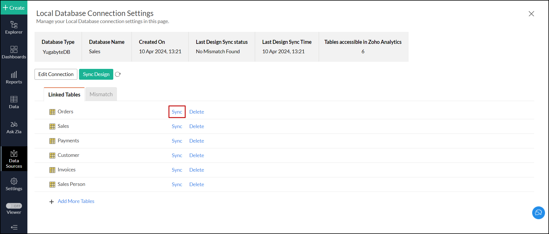 zoho-analytics-local-db-yugabytedb-import-single-table-meta-data-sync