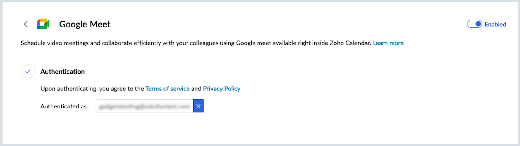 Google Meet authenticated in Zoho Calendar