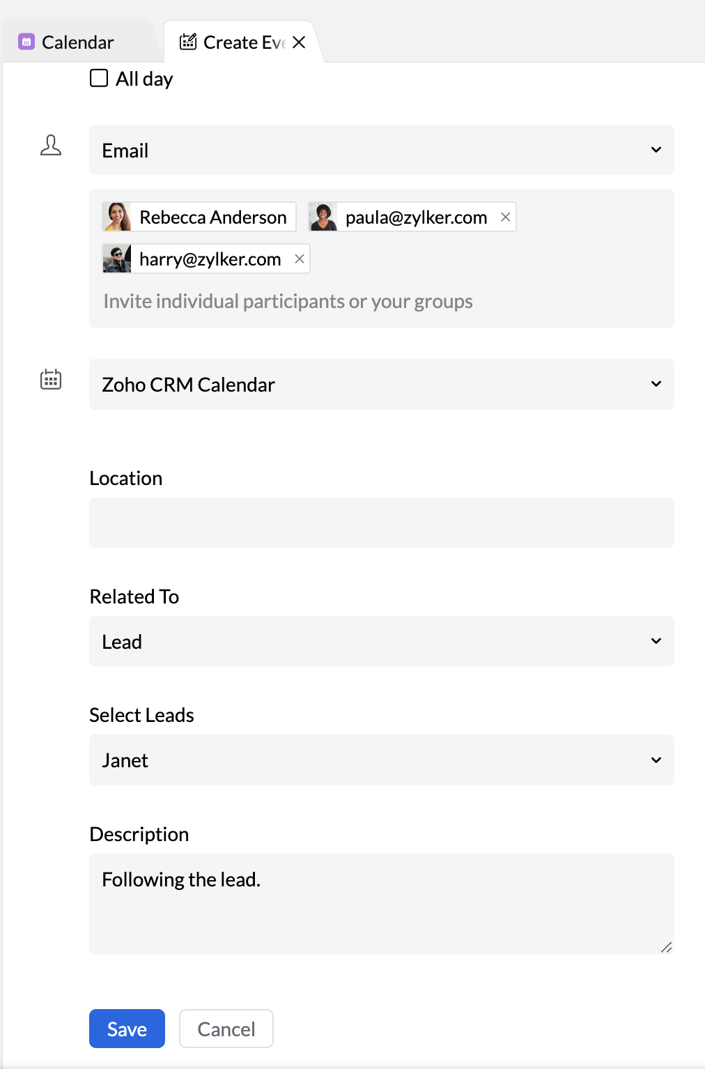 Zoho CRM Sync Zoho Calendar