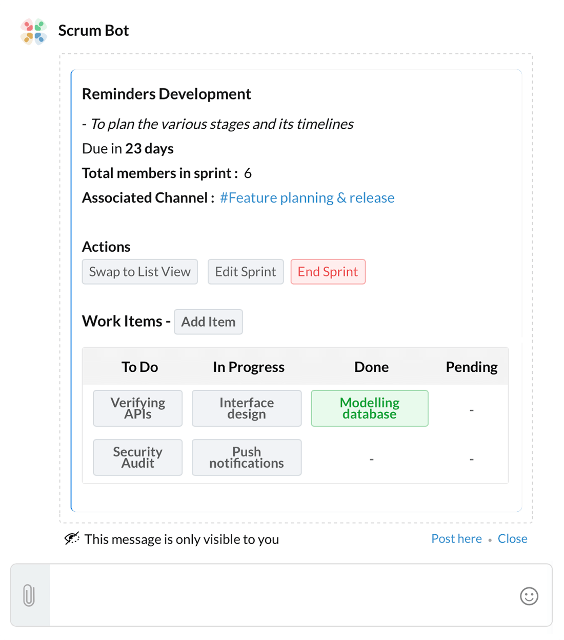 Work items' status updates to measure team progress