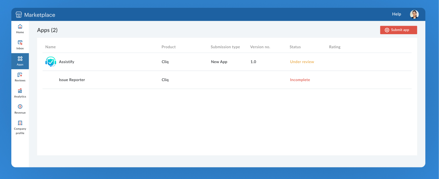 Zoho Marketplace Partner Console