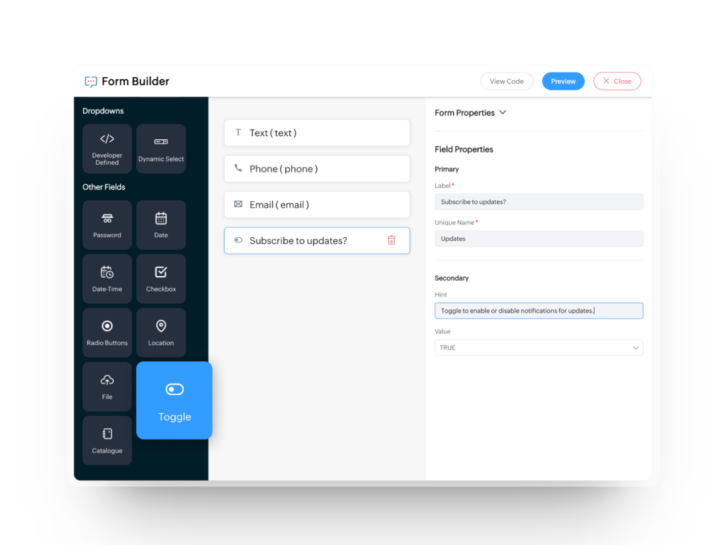 Add Toggle Input in Form Builder in Zoho Cliq