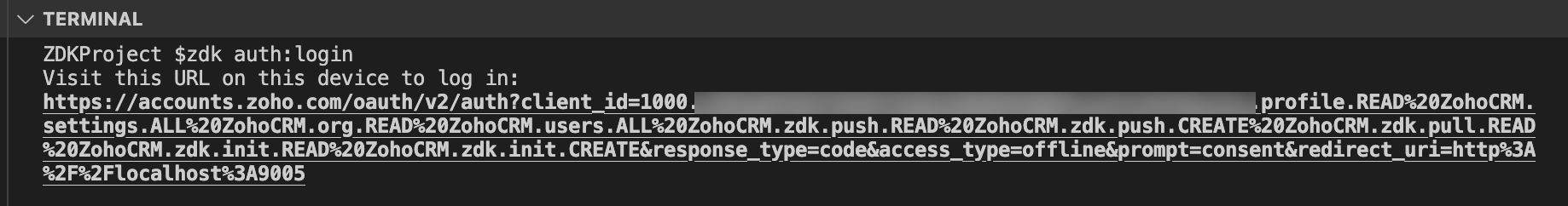 zdk auth login command executed in terminal