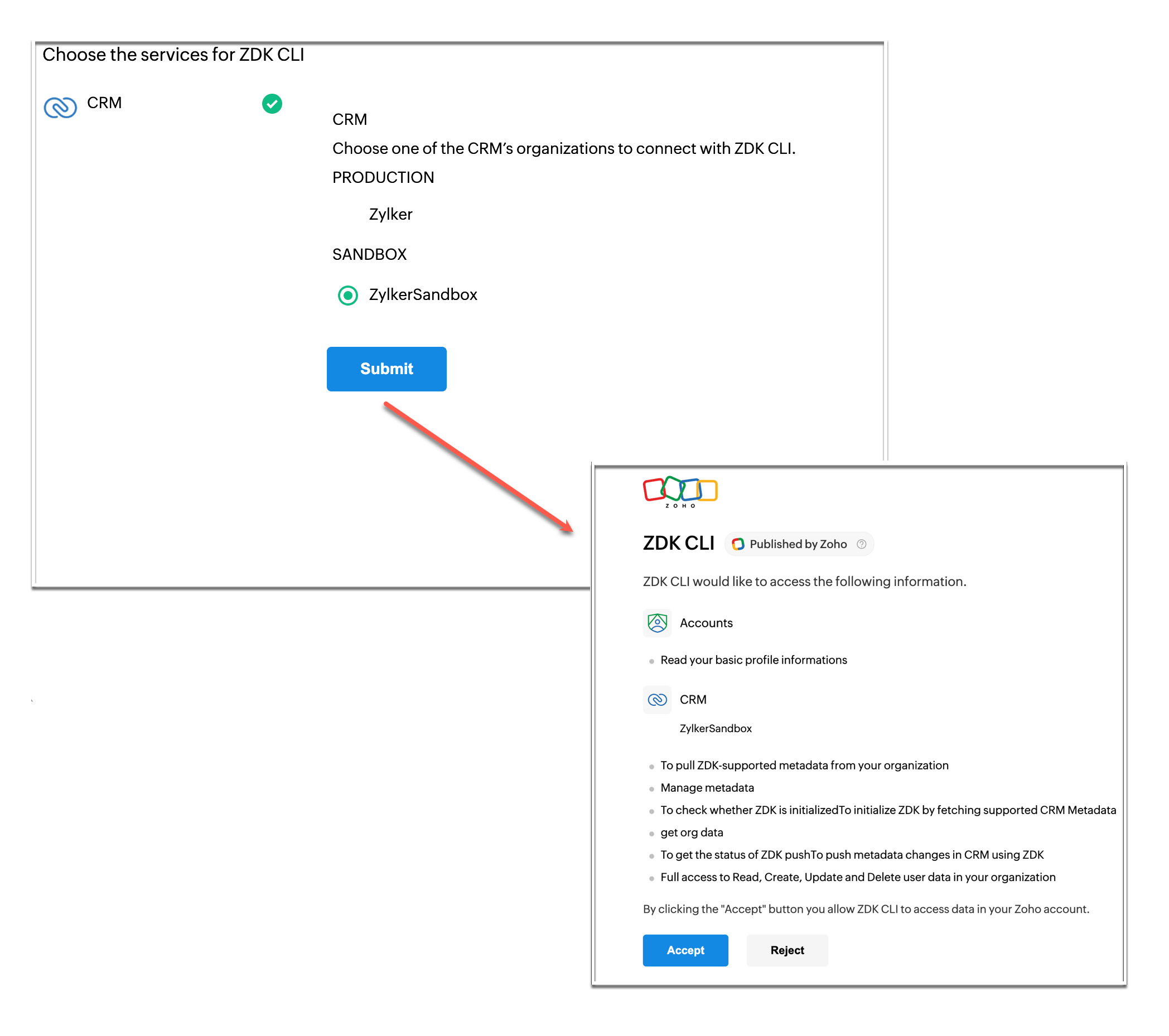 Screen showing options to show Zoho CRM orgs transition to screen showing information that will be accessed and getting consent from user