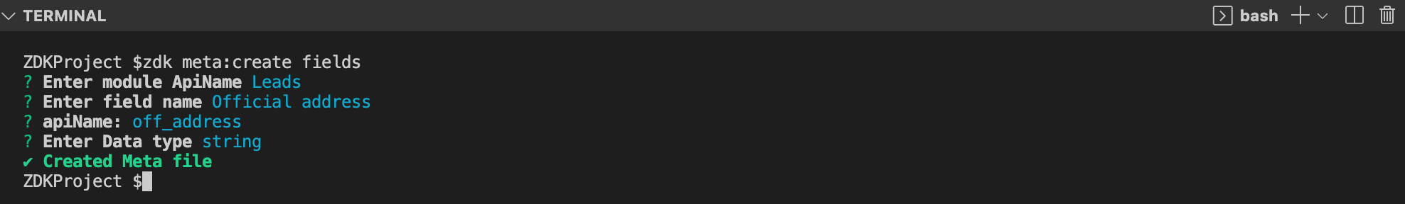 zdk meta:create command executed in terminal 