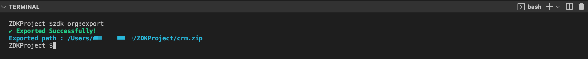 zdk org:export command executed in terminal 