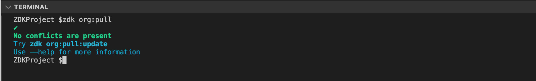 zdk org:pull command executed in terminal