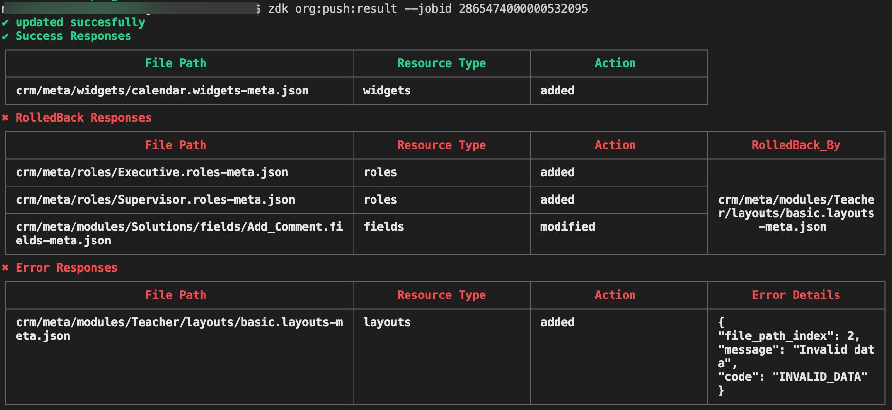 zdk org:push:result command's response categories