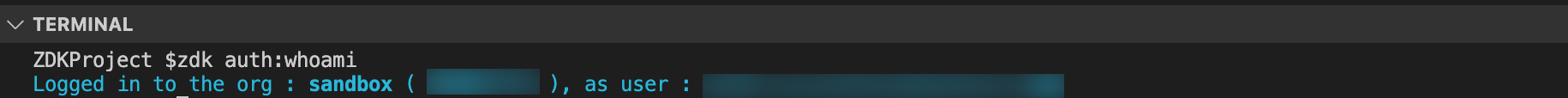 zdk whoami command executed in terminal