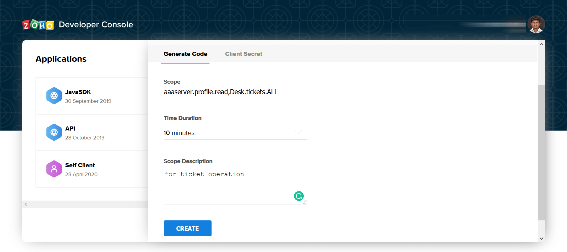 self client in api console