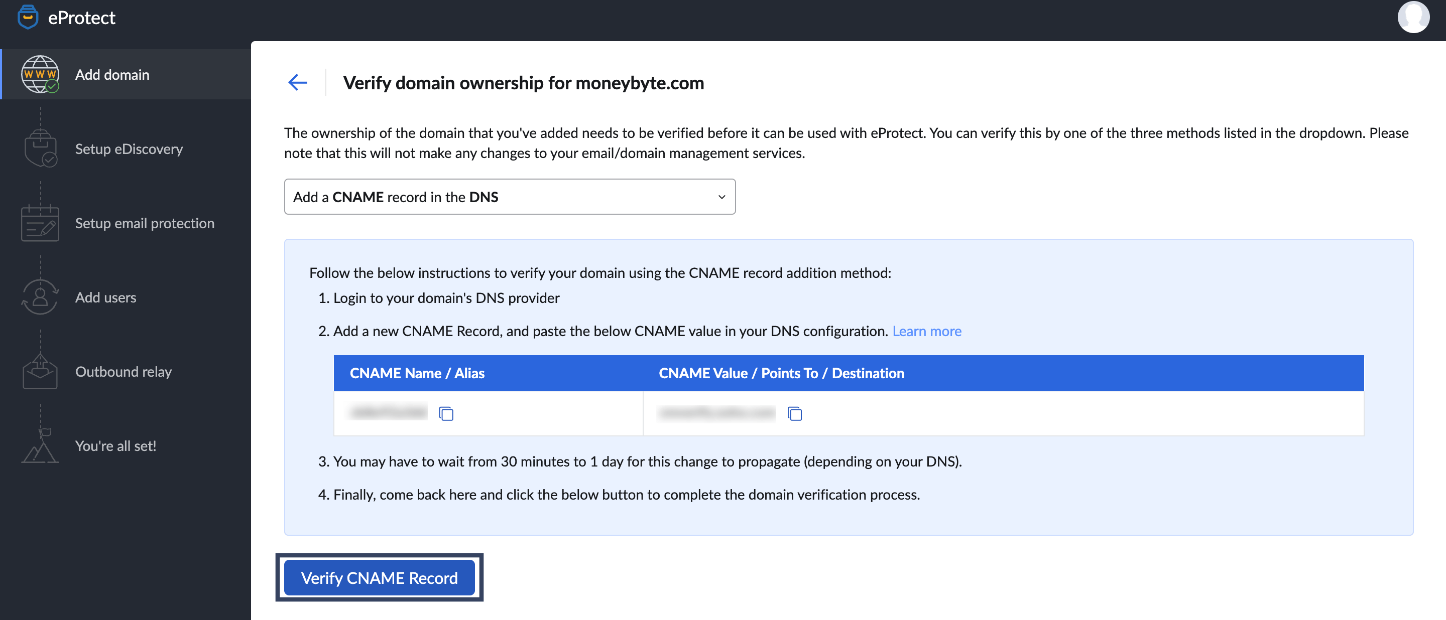 verify using CNAME method