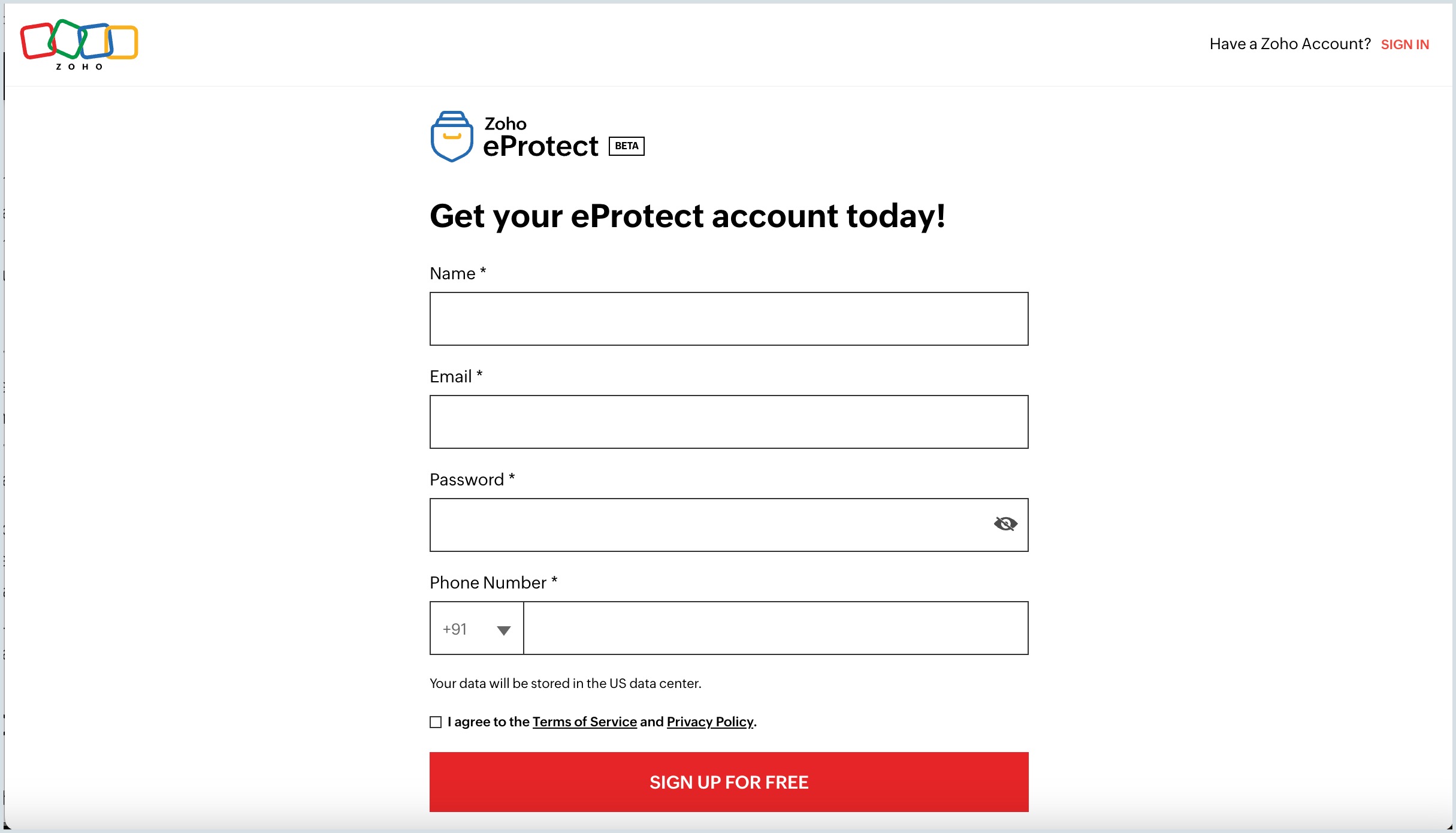 Sign up with Zoho eProtect