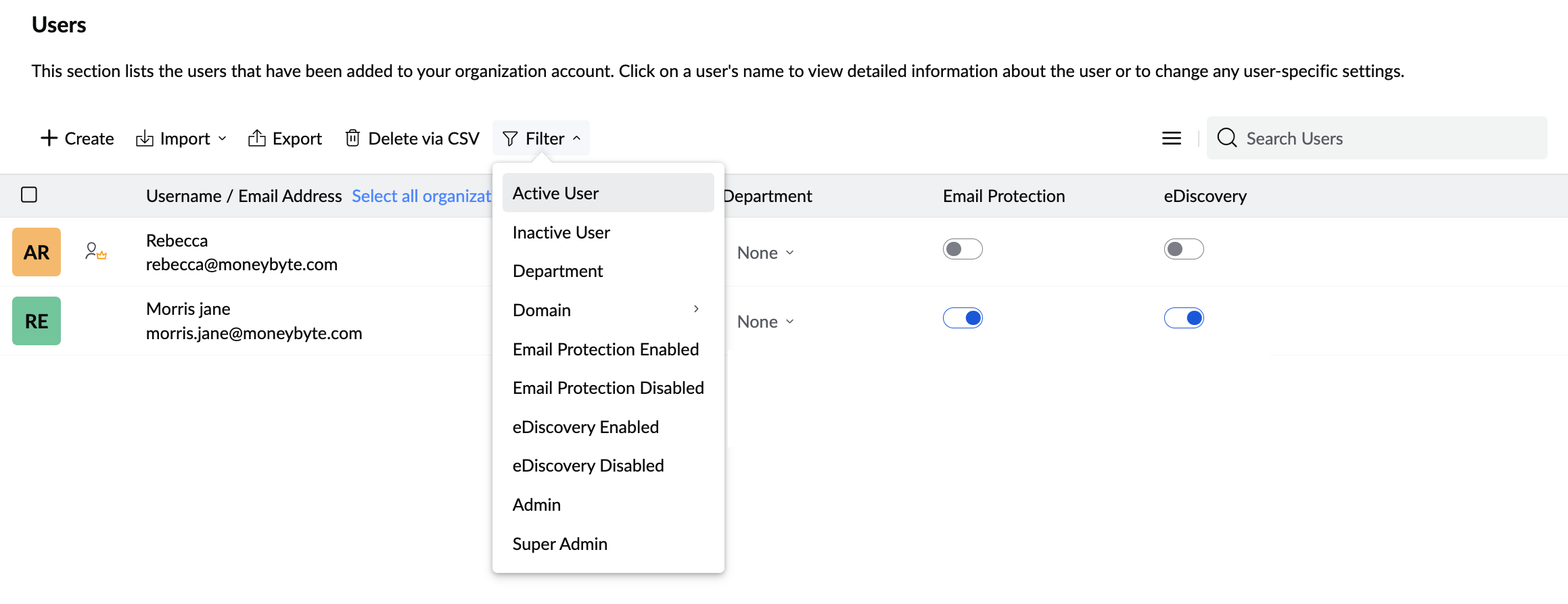 Filters in User section