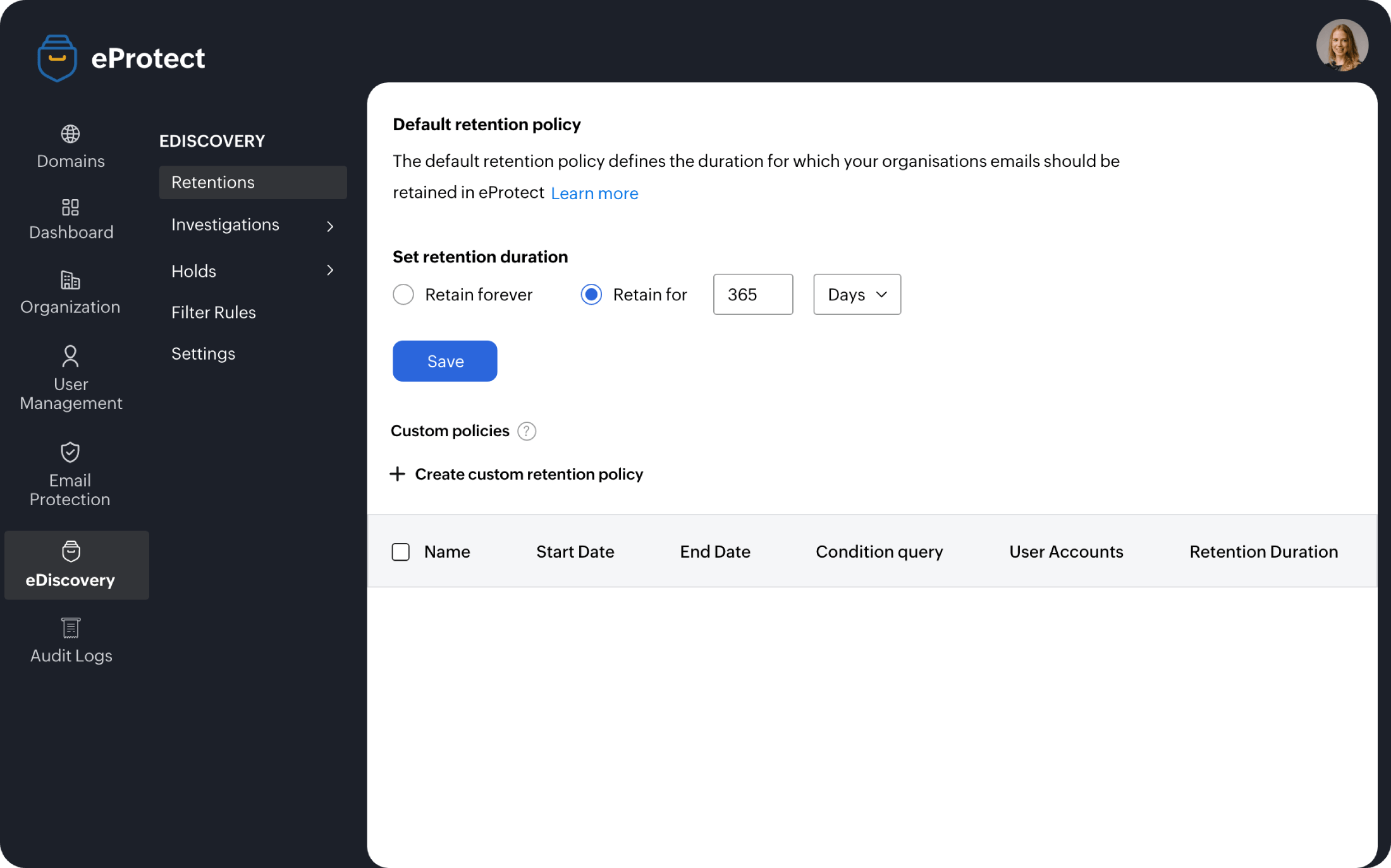 In the user interface, an eDiscovery dashboard was displayed