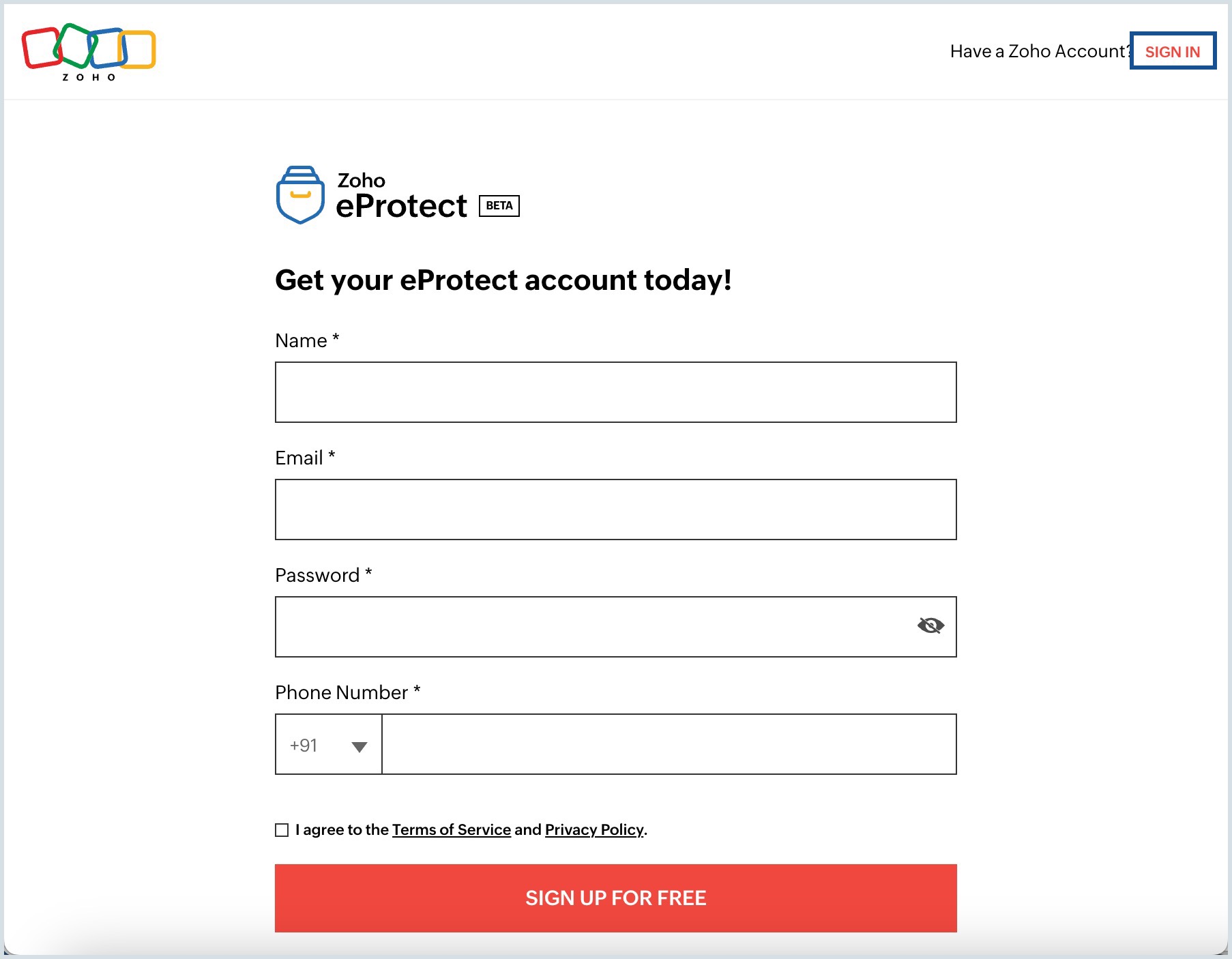 signup for Zoho eProtect