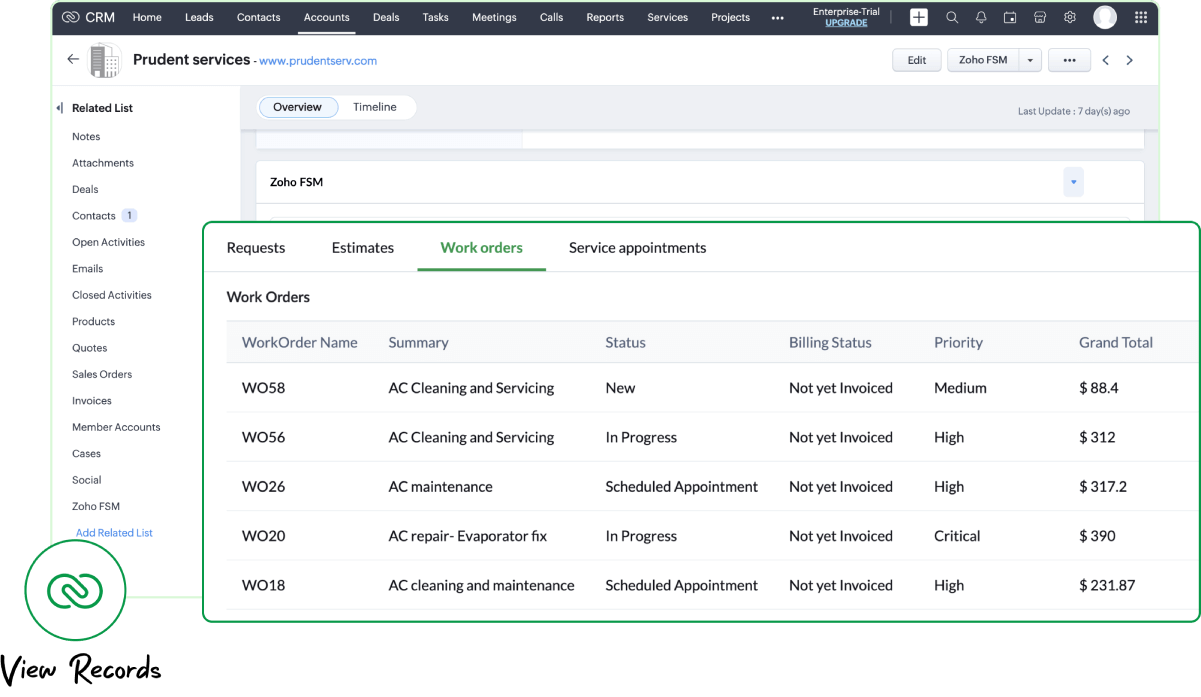 Zoho CRM Integration With Zoho FSM