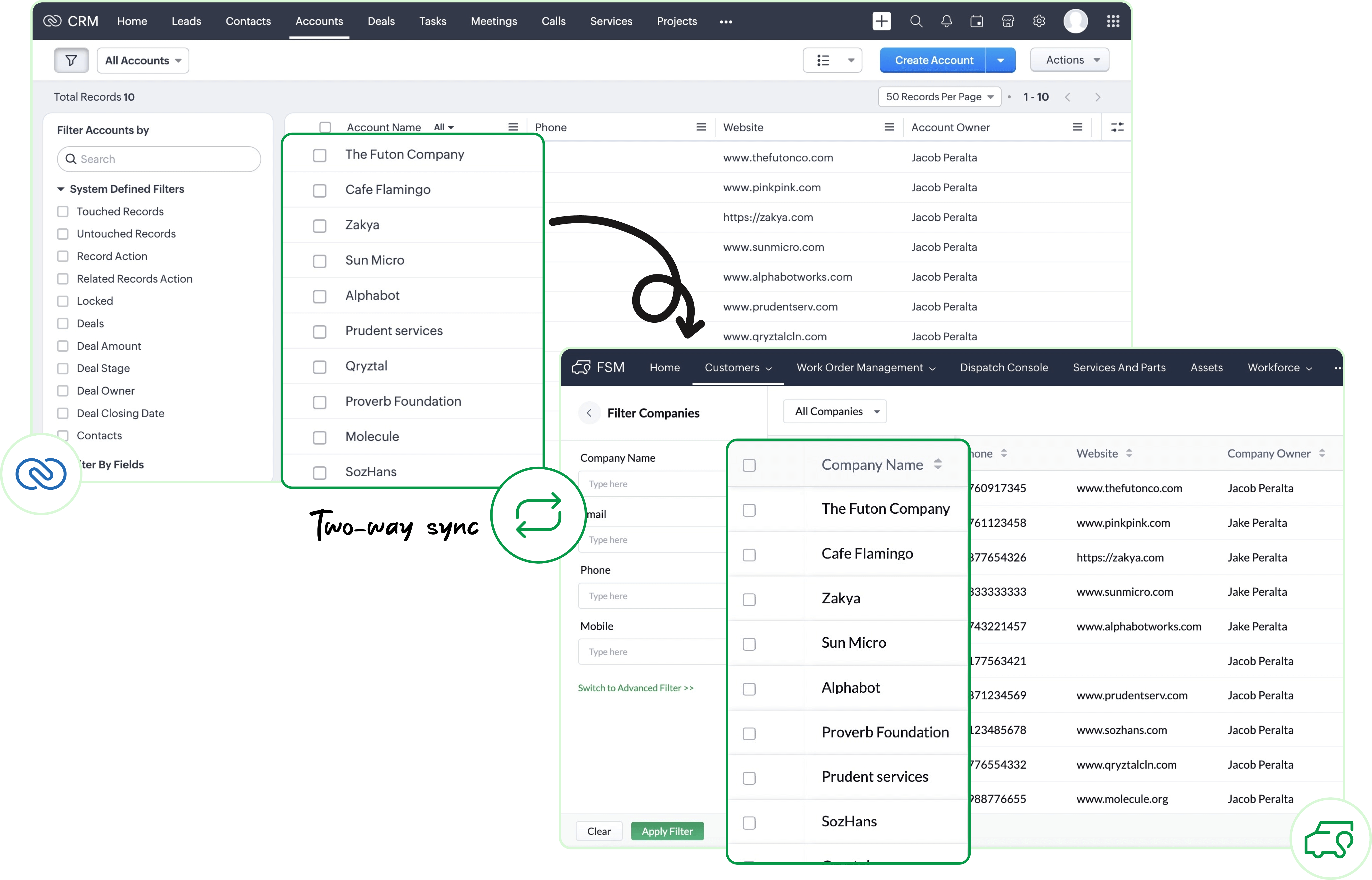 Sync data between accounts, contacts, and products