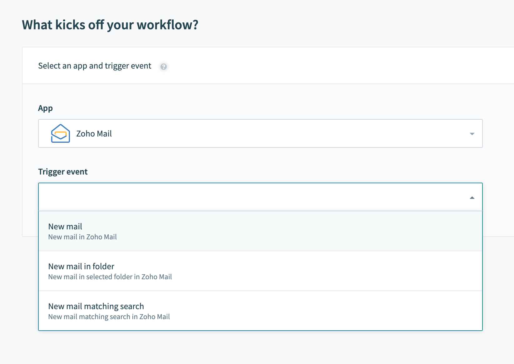 Choosing Trigger event on your Zoho Mail