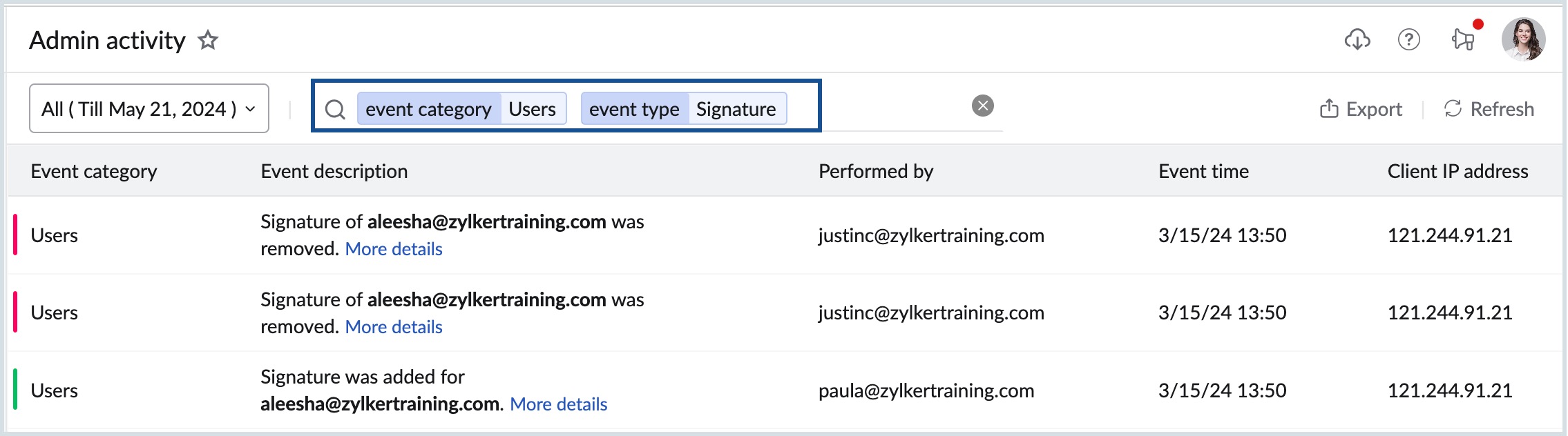 filter admin activity