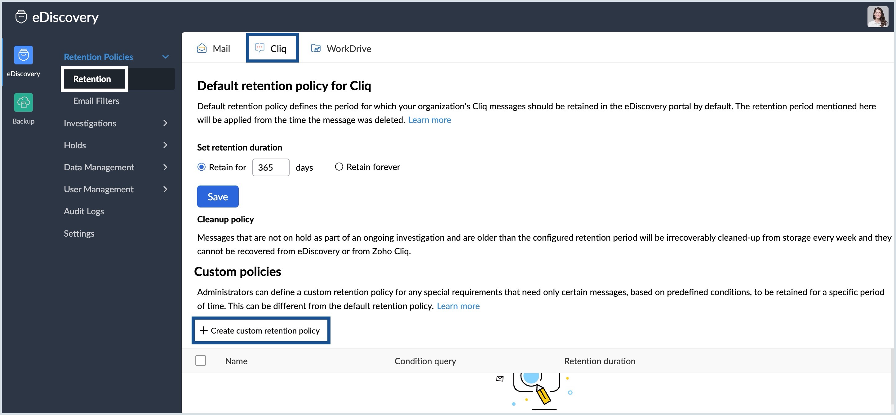 Cliq Custom Retention Policy