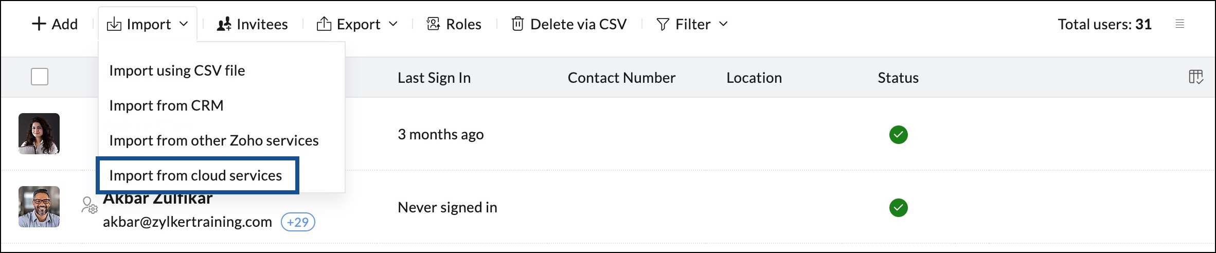 import users from cloud services to Zoho Mail