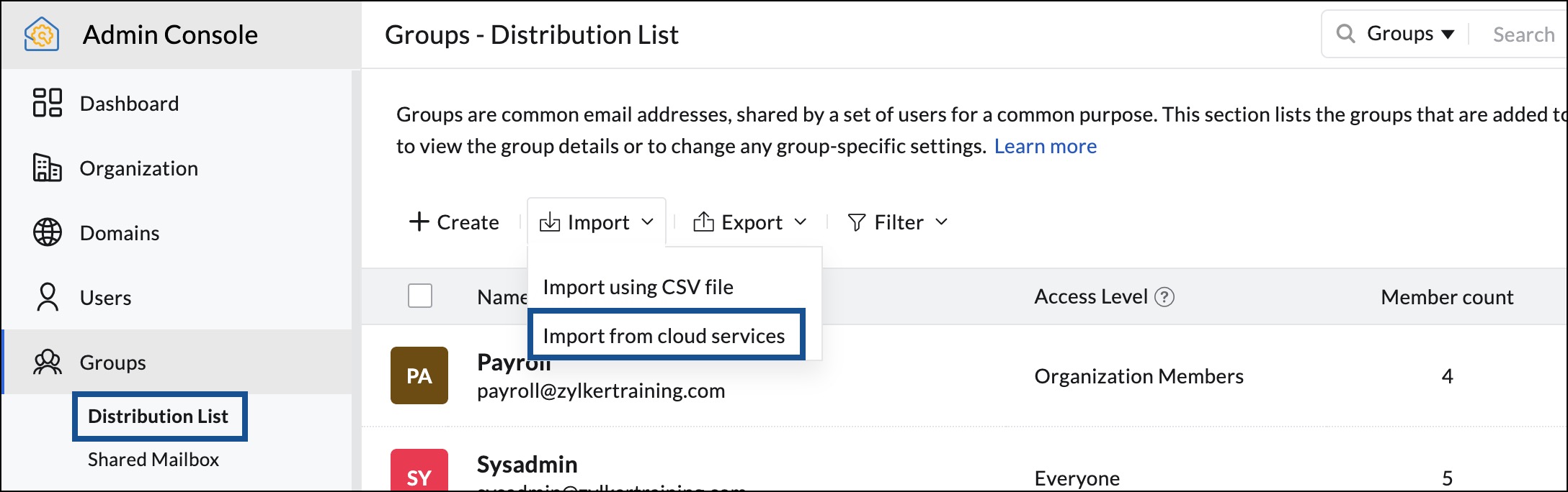 import groups from cloud services