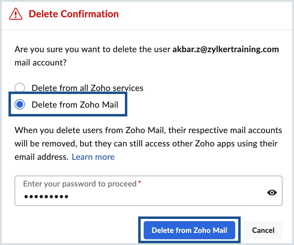 menghapus pengguna dari Zoho Mail saja