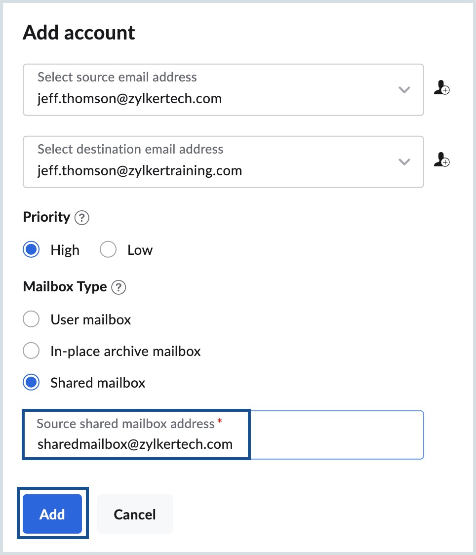 กล่องจดหมายที่ใช้ร่วมกันของ Exchange Server ไปยังกล่องจดหมายที่ใช้ร่วมกันของ Zoho Mail