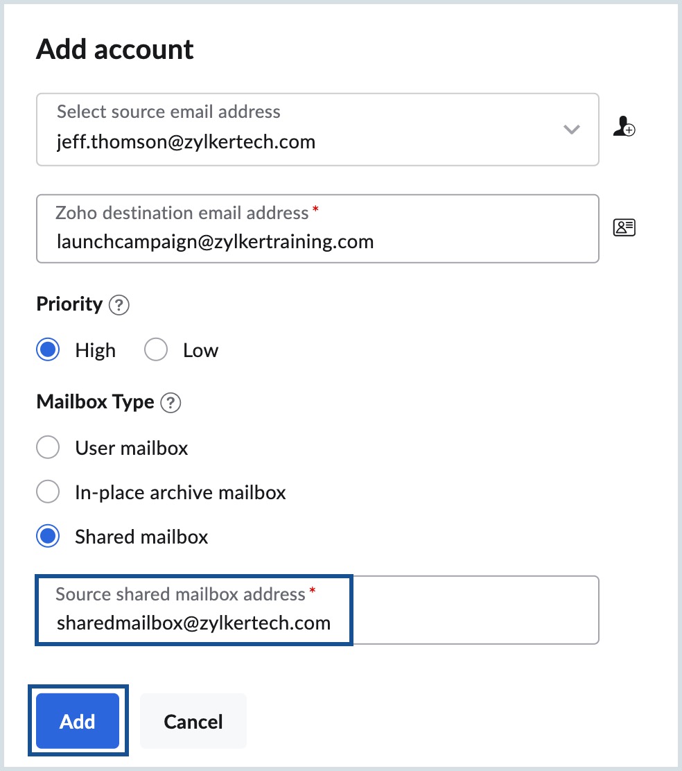 กล่องจดหมายที่ใช้ร่วมกันของ Exchange Server ไปยังกล่องจดหมายที่ใช้ร่วมกันของ Zoho Mail