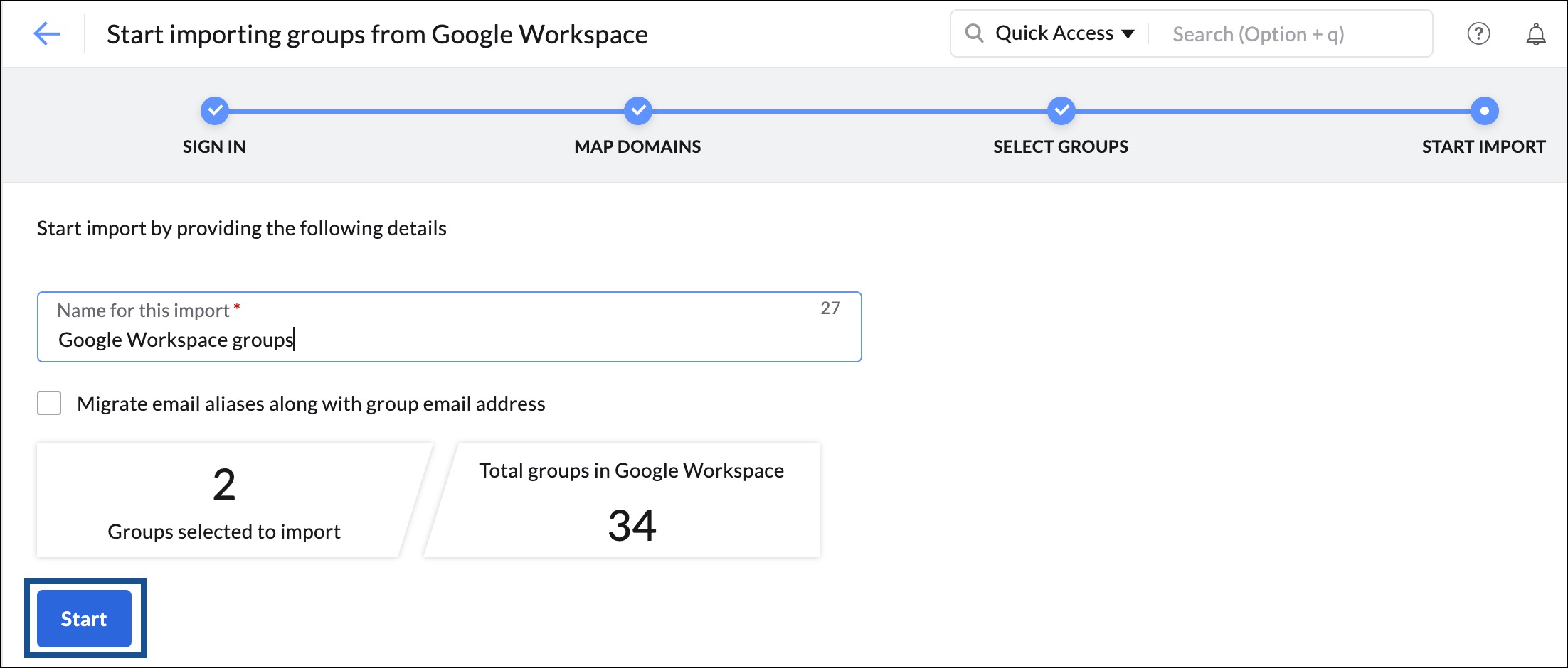 iniciar importação do Google Workspace