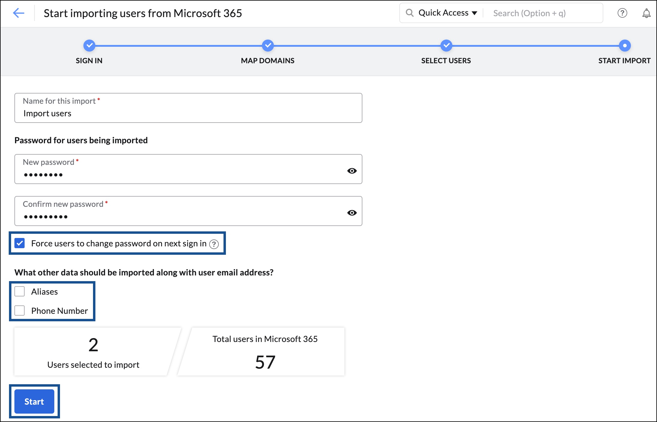 démarrer l'importation des utilisateurs depuis Microsoft 365 vers Zoho Mail