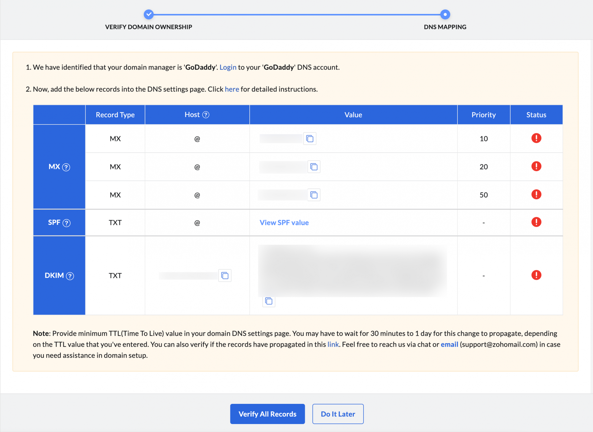 Configuration du domaine de la console Zoho Mail Admin