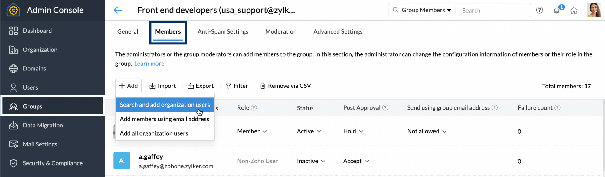 zoho mail convert user to group