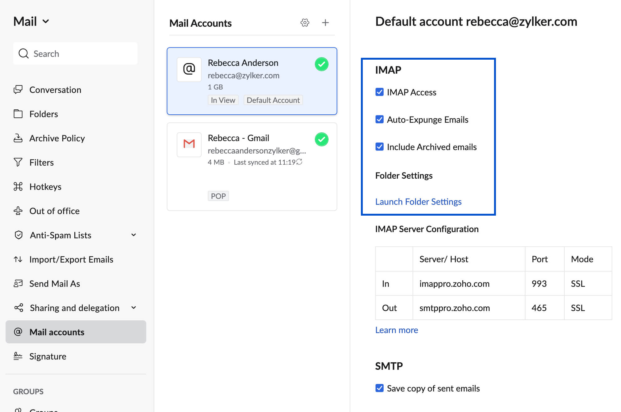 Zoho Mail - IMAP and SMTP Configuration details