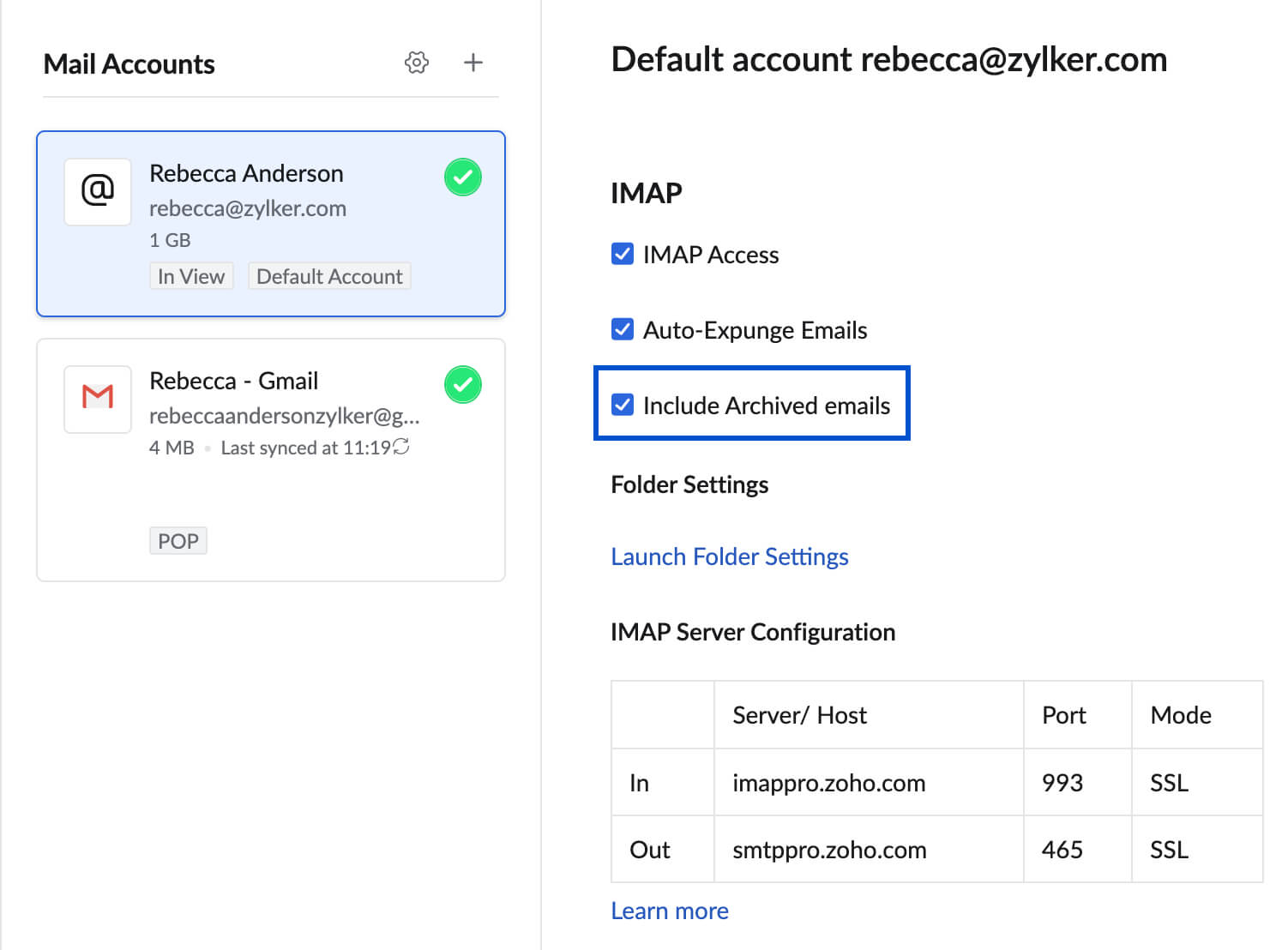 Zoho Mail - IMAP and SMTP Configuration details