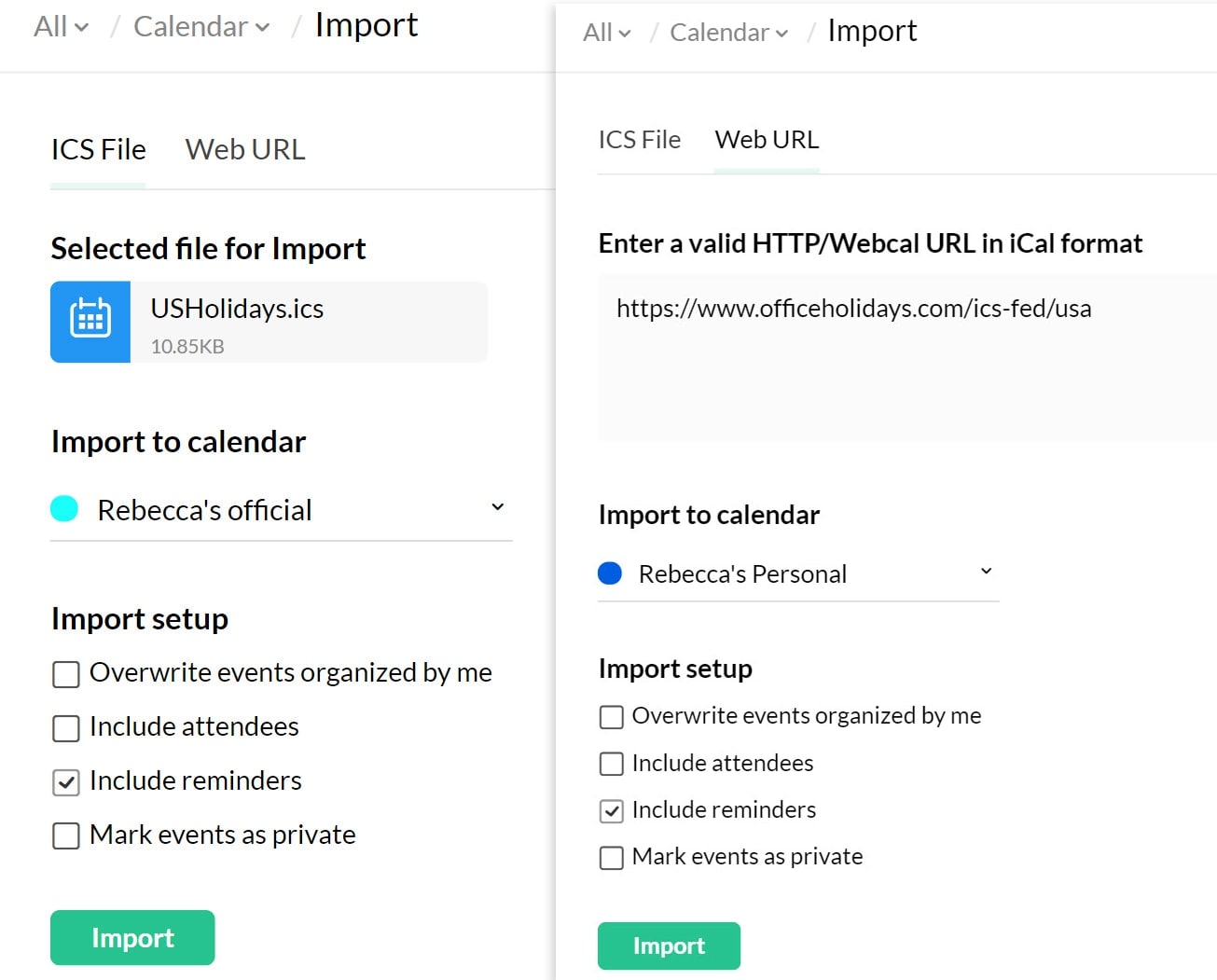 Import calendar