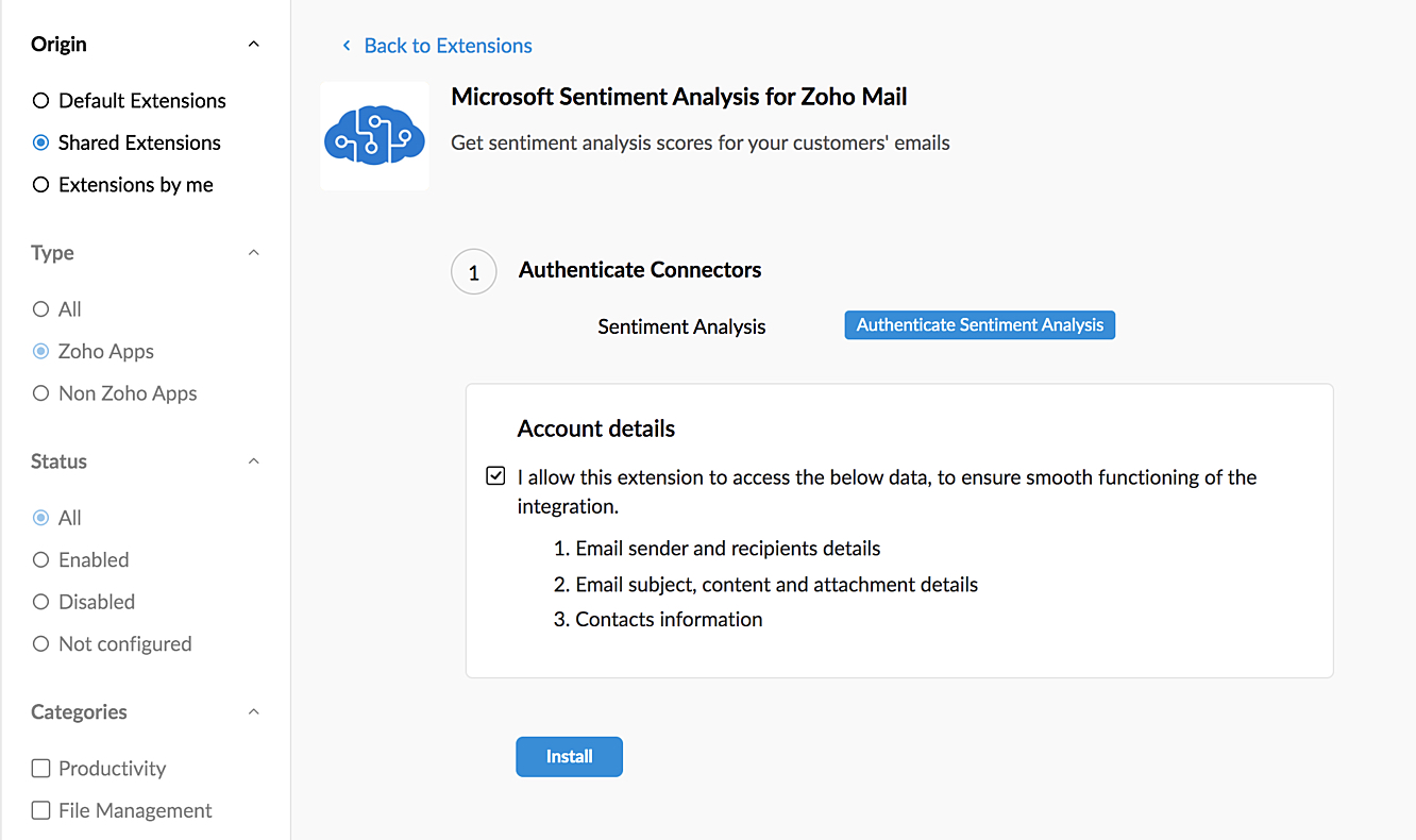 Microsoft Sentiment Analysis Extension for Zoho Mail